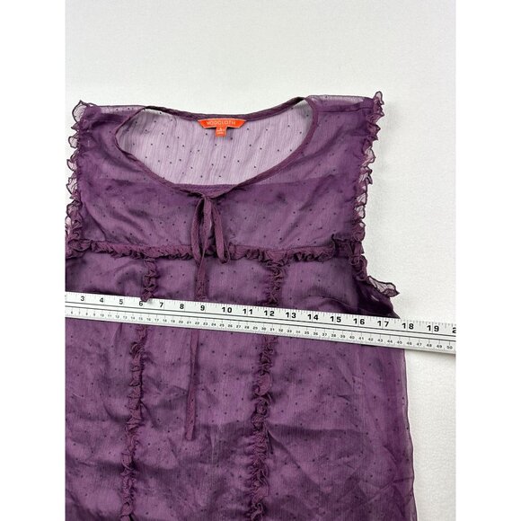 ModCloth Sheer Ruffle Blouse Swiss Dot Sleeveless Top Purple Tie Neck‎ Small - Picture 8 of 9